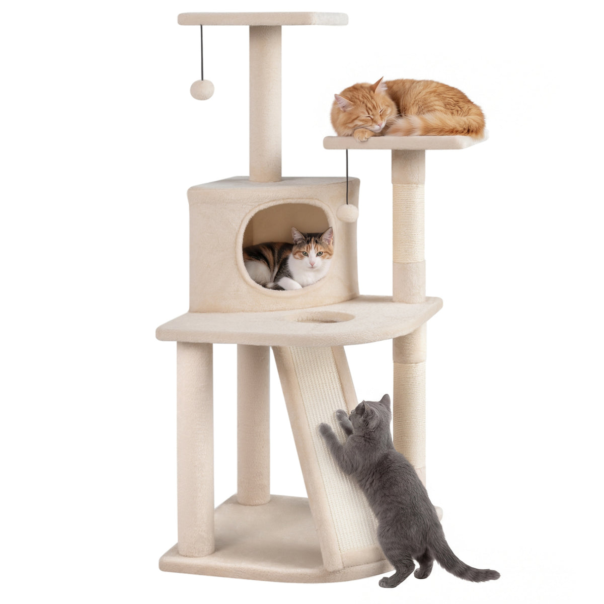 44 Inch Tall Kitten Tower with Condo and 2 Plush Perches-Beige