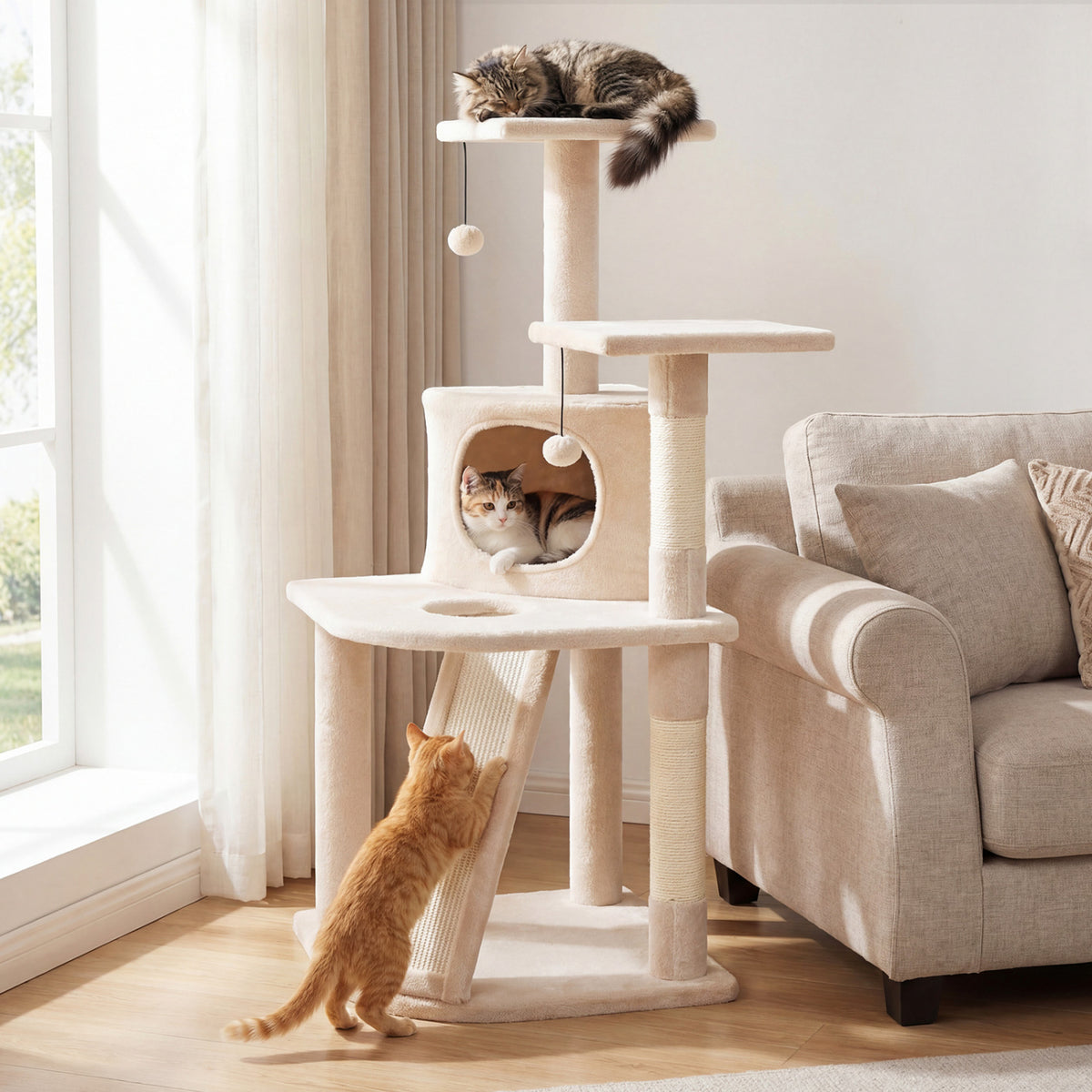 44 Inch Tall Kitten Tower with Condo and 2 Plush Perches-Beige