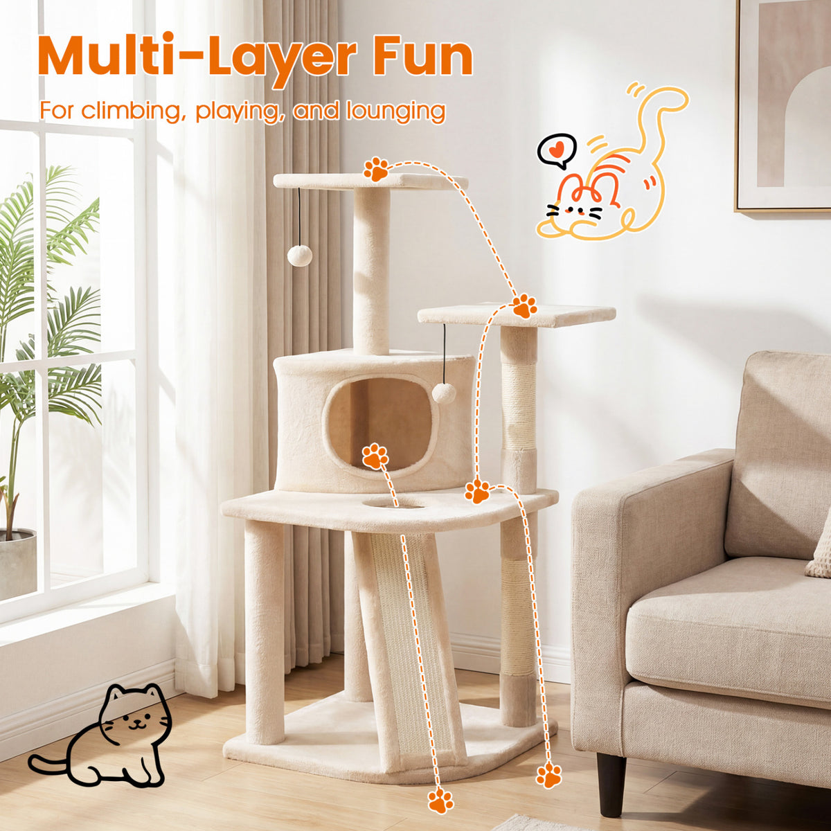 44 Inch Tall Kitten Tower with Condo and 2 Plush Perches-Beige