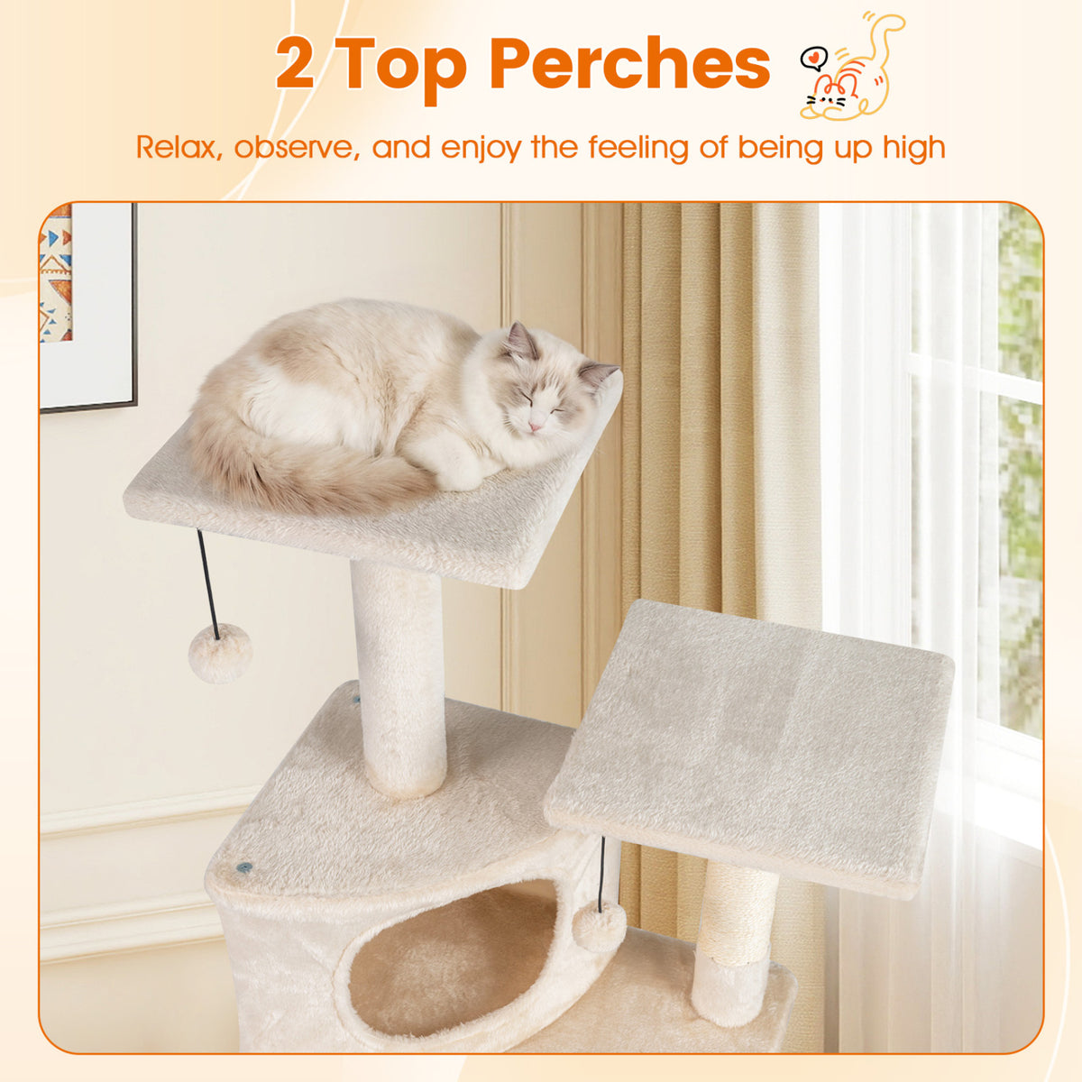 44 Inch Tall Kitten Tower with Condo and 2 Plush Perches-Beige