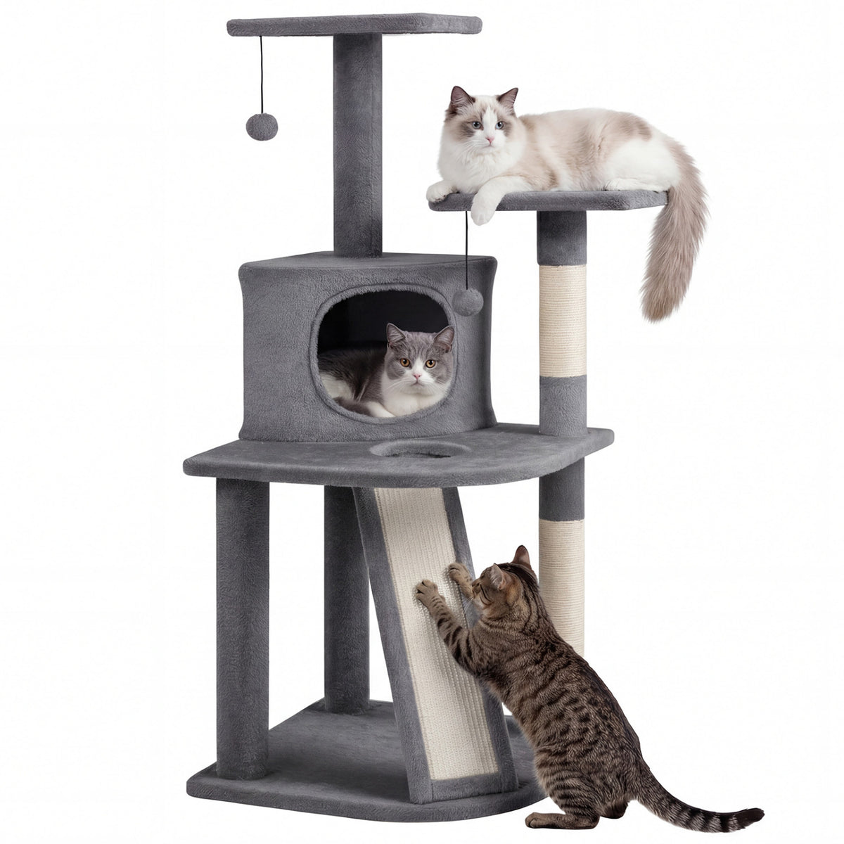44 Inch Tall Kitten Tower with Condo and 2 Plush Perches-Light Gray