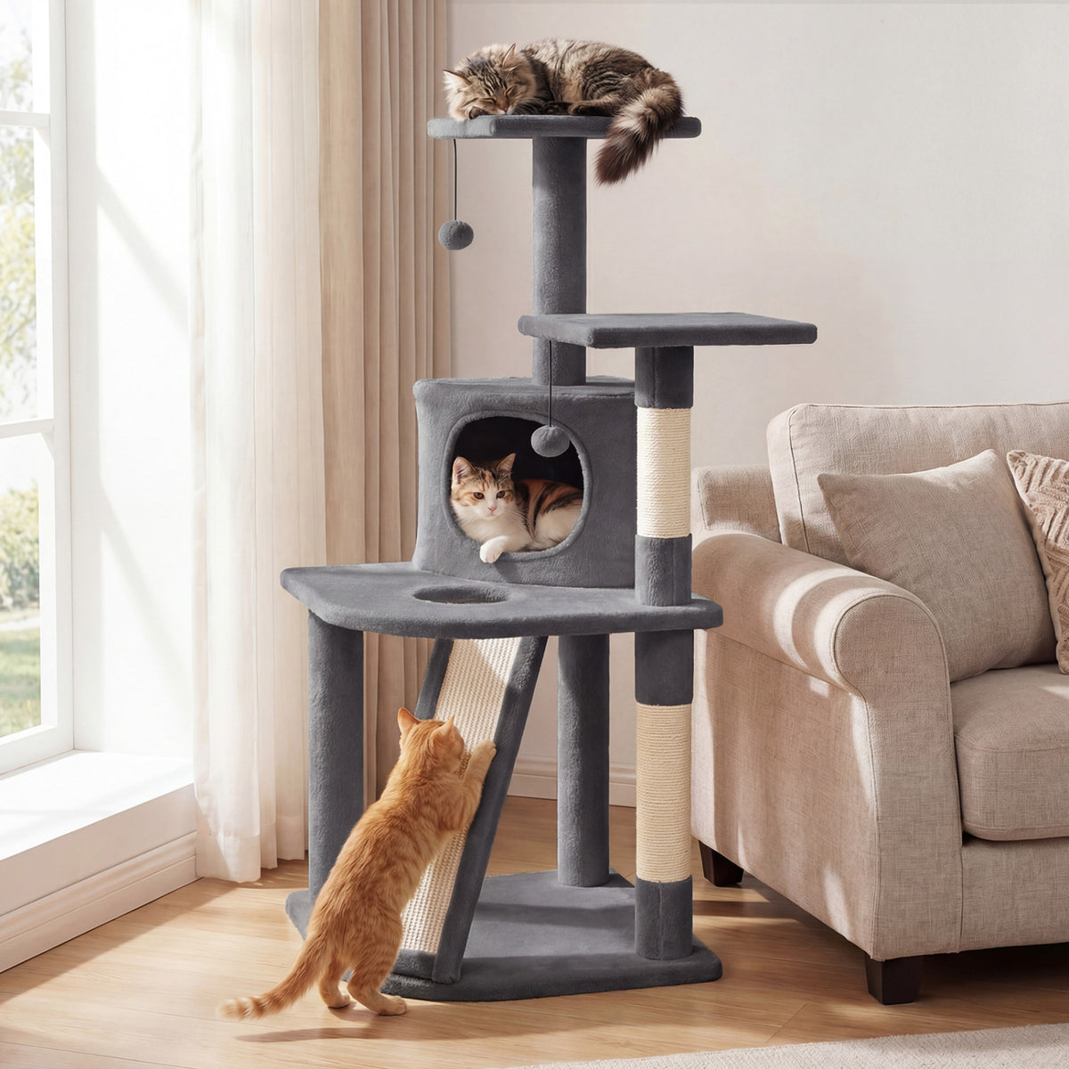 44 Inch Tall Kitten Tower with Condo and 2 Plush Perches-Light Gray
