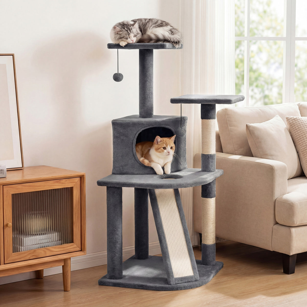 44 Inch Tall Kitten Tower with Condo and 2 Plush Perches-Light Gray