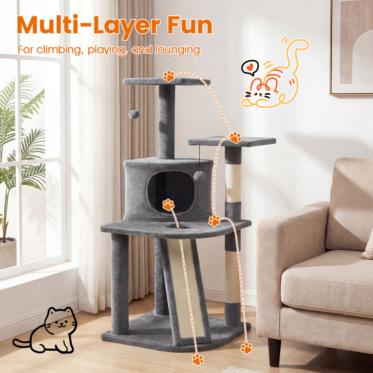 44 Inch Tall Kitten Tower with Condo and 2 Plush Perches-Light Gray