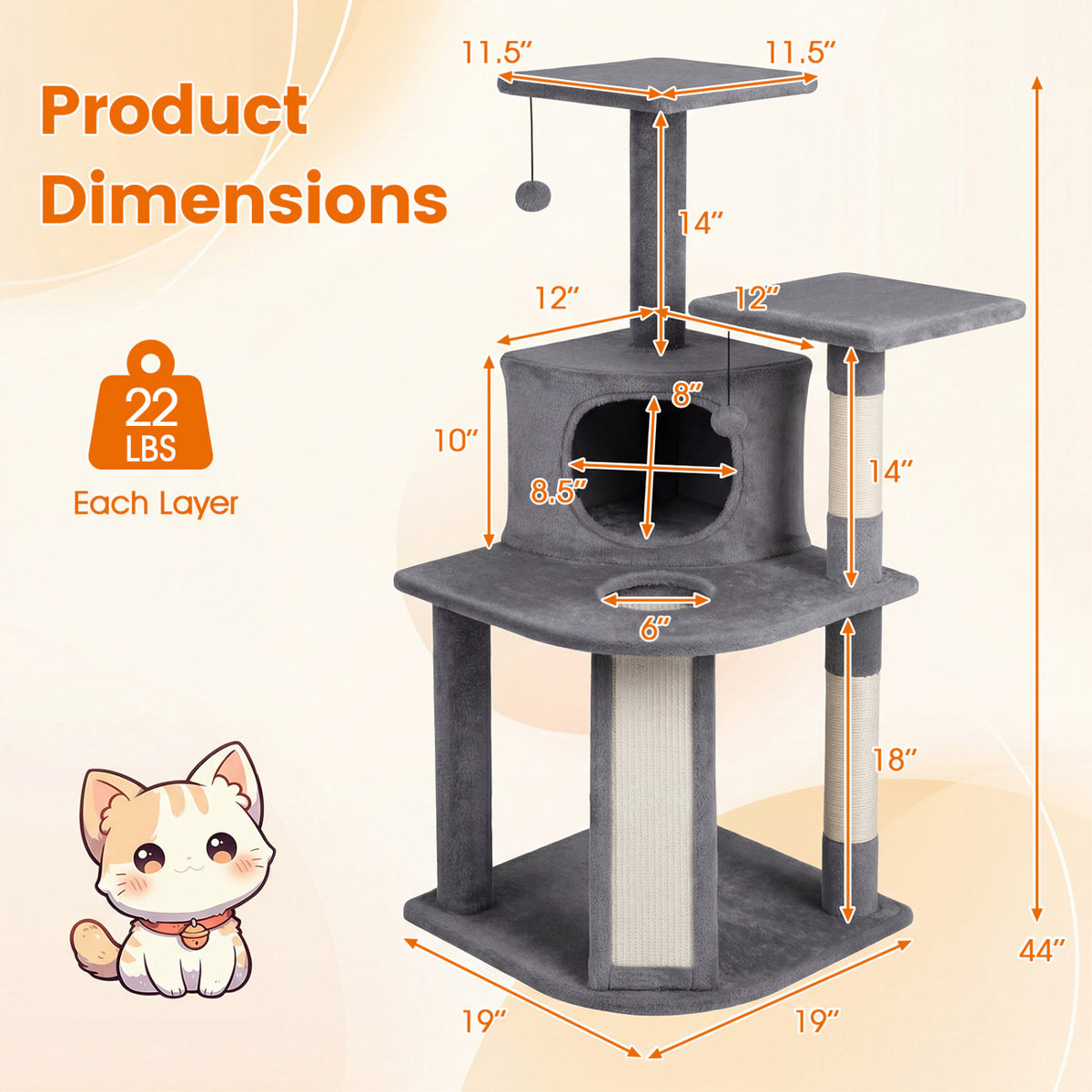 44 Inch Tall Kitten Tower with Condo and 2 Plush Perches-Light Gray