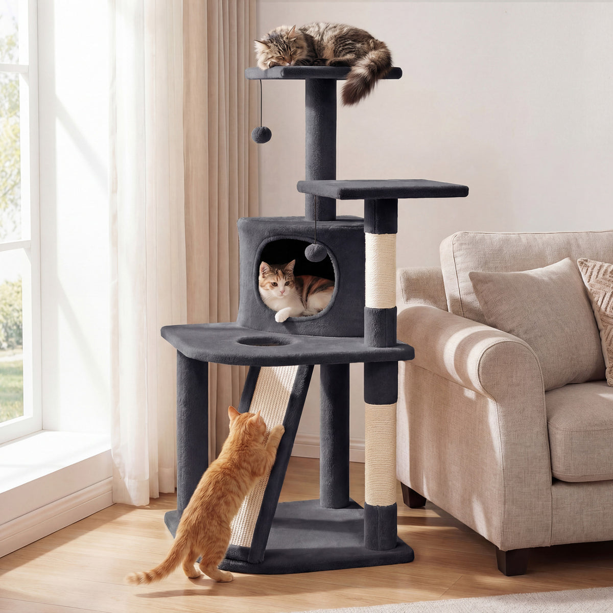 44 Inch Tall Kitten Tower with Condo and 2 Plush Perches-Dark Gray