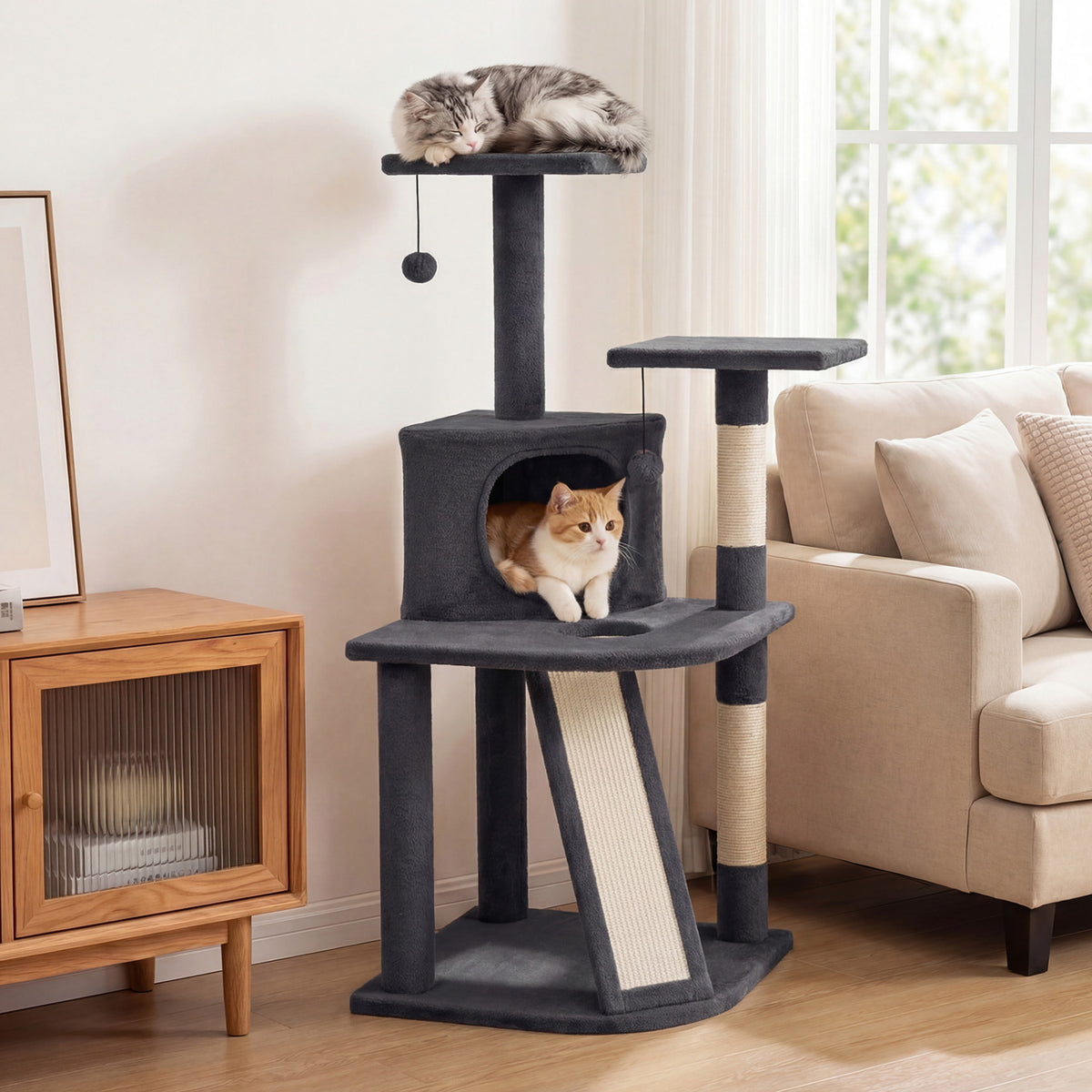 44 Inch Tall Kitten Tower with Condo and 2 Plush Perches-Dark Gray