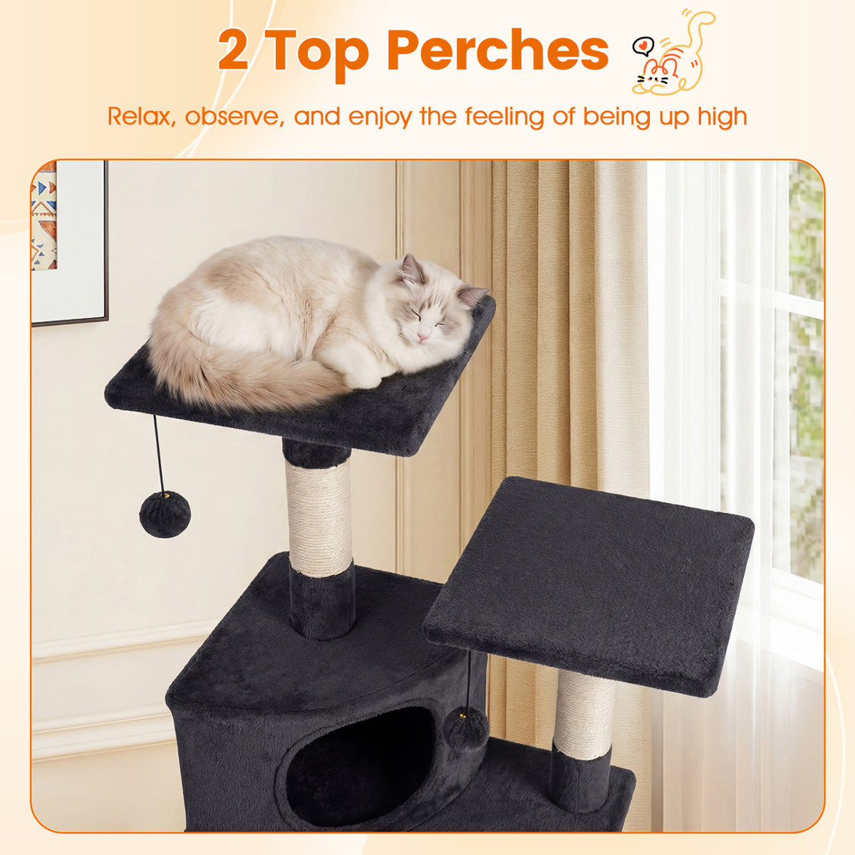 44 Inch Tall Kitten Tower with Condo and 2 Plush Perches-Dark Gray