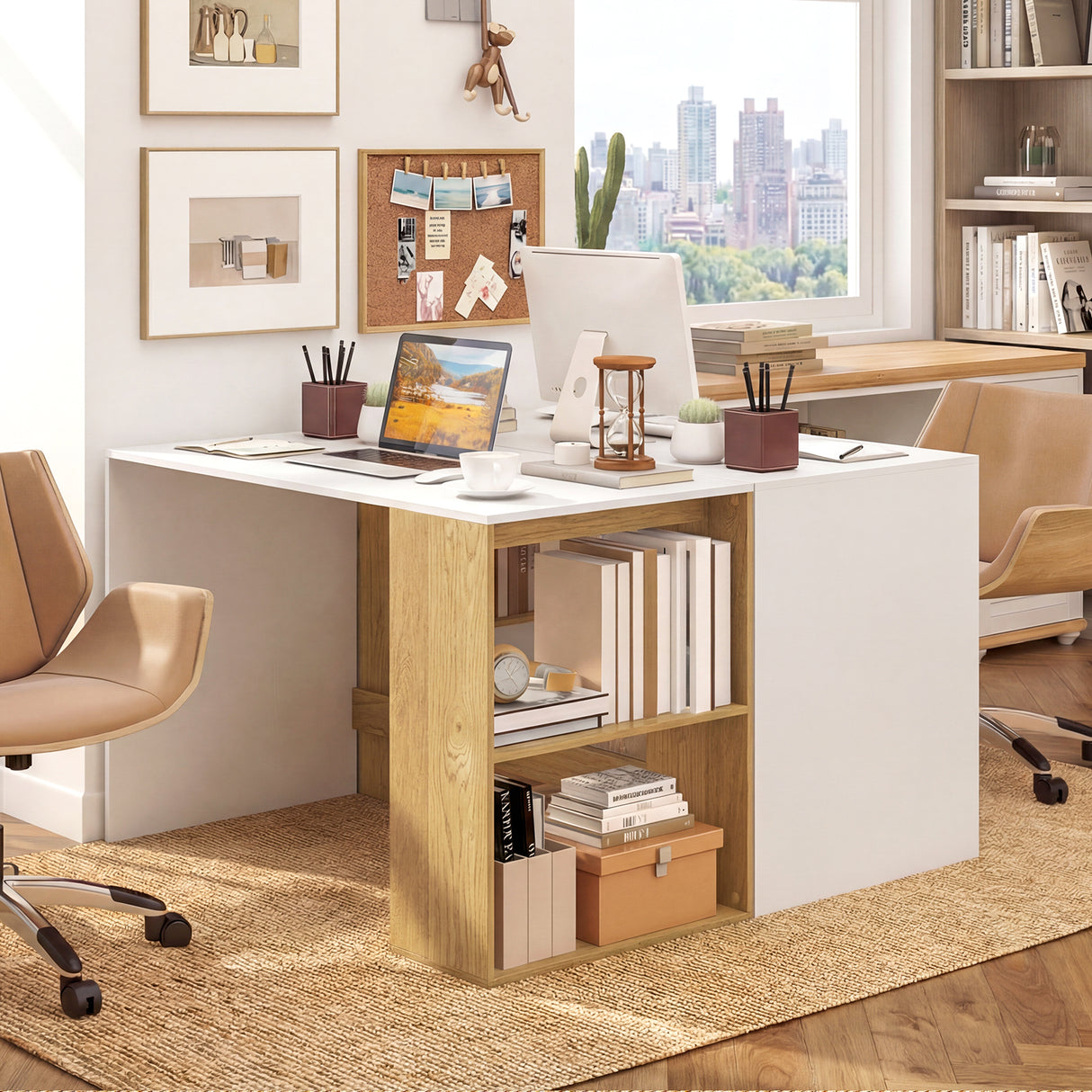 44 Inch Wooden Computer Desk with Bookshelf for Small Space-White and Natural