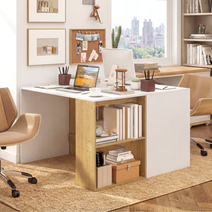 44 Inch Wooden Computer Desk with Bookshelf for Small Space-White and Natural