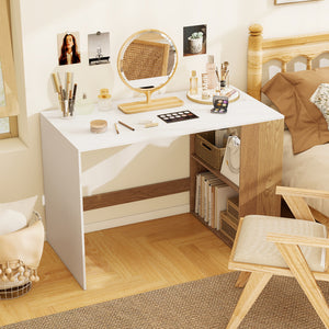 44 Inch Wooden Computer Desk with Bookshelf for Small Space-White and Natural
