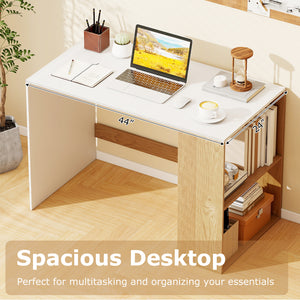 44 Inch Wooden Computer Desk with Bookshelf for Small Space-White and Natural
