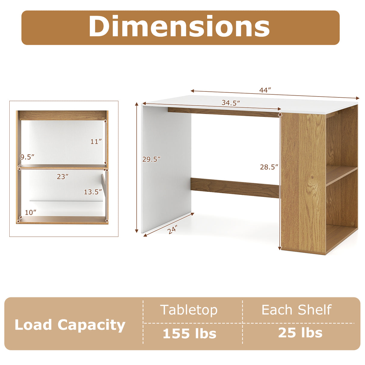 44 Inch Wooden Computer Desk with Bookshelf for Small Space-White and Natural
