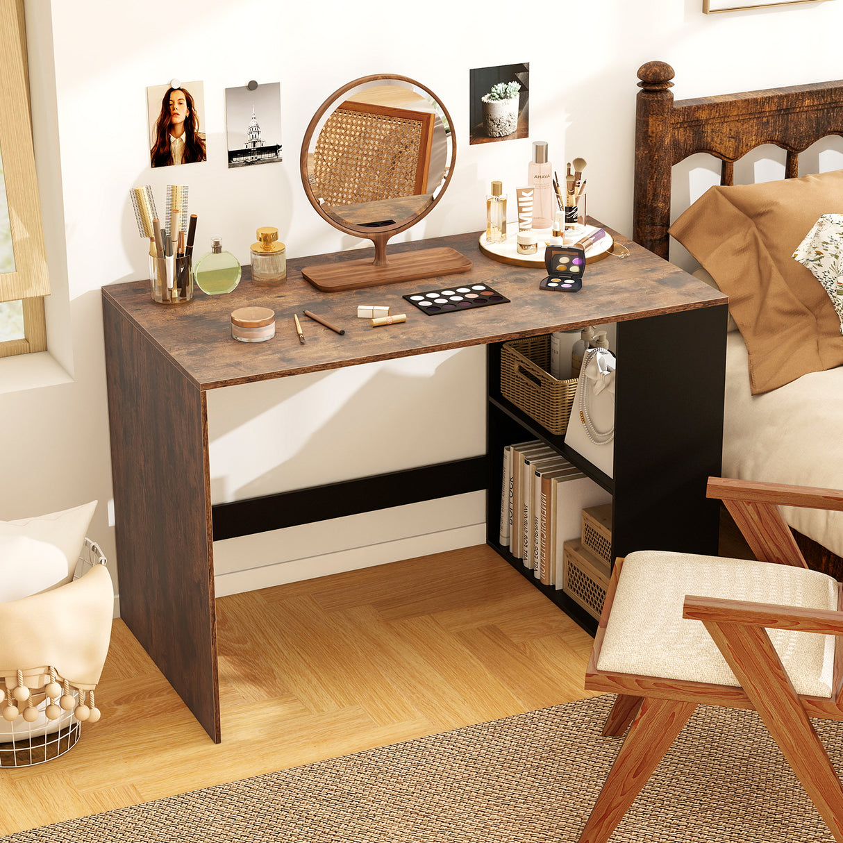 44 Inch Wooden Computer Desk with Bookshelf for Small Space-Rustic Brown and Black