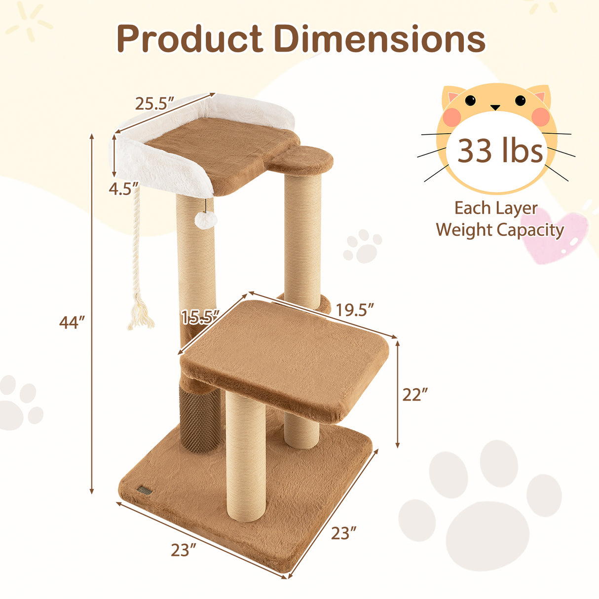 44 Inches Modern Cat Tree for Indoor Cats with Plush Padded Perch and Dangling Ball-Coffee