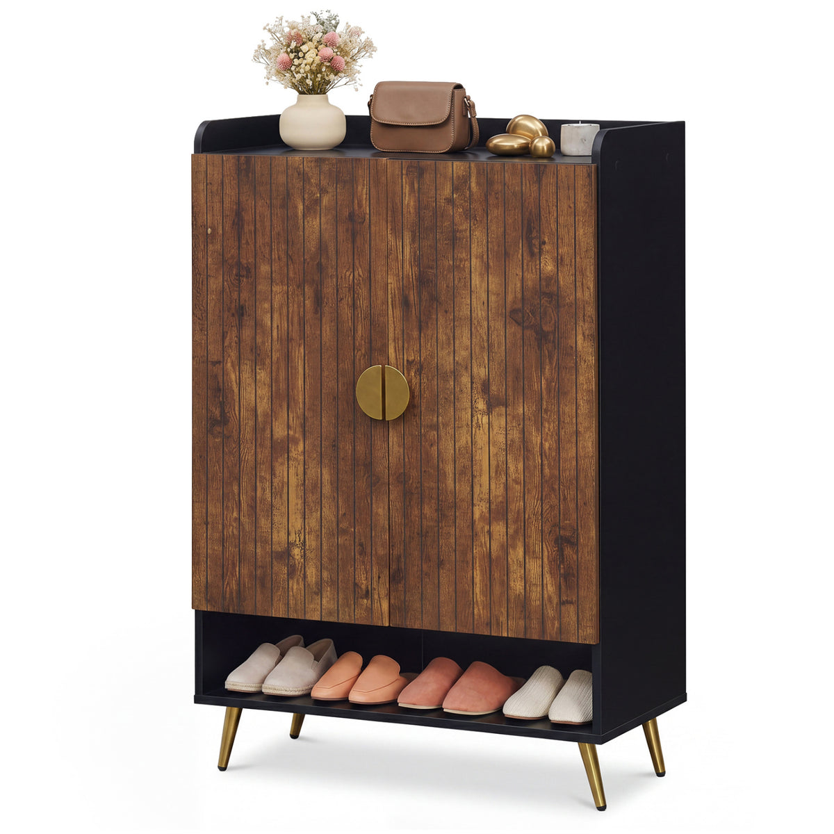 44" Tall Shoe Storage Cabinet with 7-Tier Doors and Adjustable Shelves for Entryway-Rustic Brown