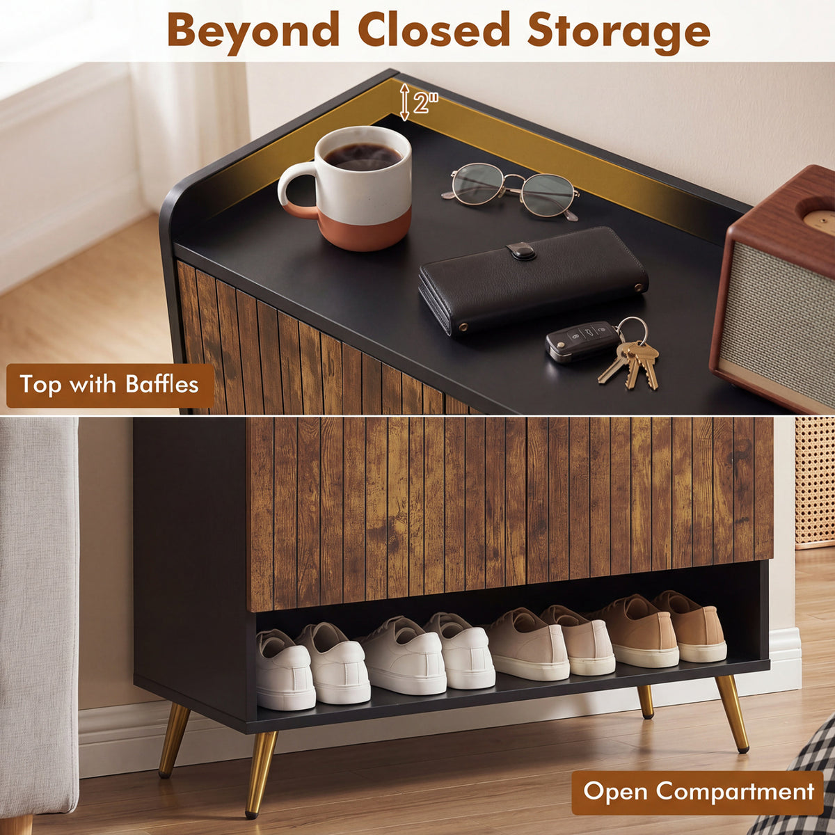 44" Tall Shoe Storage Cabinet with 7-Tier Doors and Adjustable Shelves for Entryway-Rustic Brown