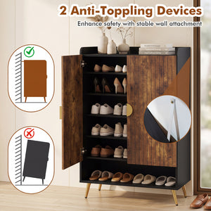 44" Tall Shoe Storage Cabinet with 7-Tier Doors and Adjustable Shelves for Entryway-Rustic Brown