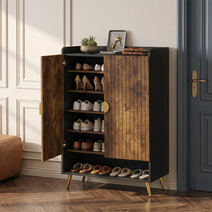 44" Tall Shoe Storage Cabinet with 7-Tier Doors and Adjustable Shelves for Entryway-Rustic Brown