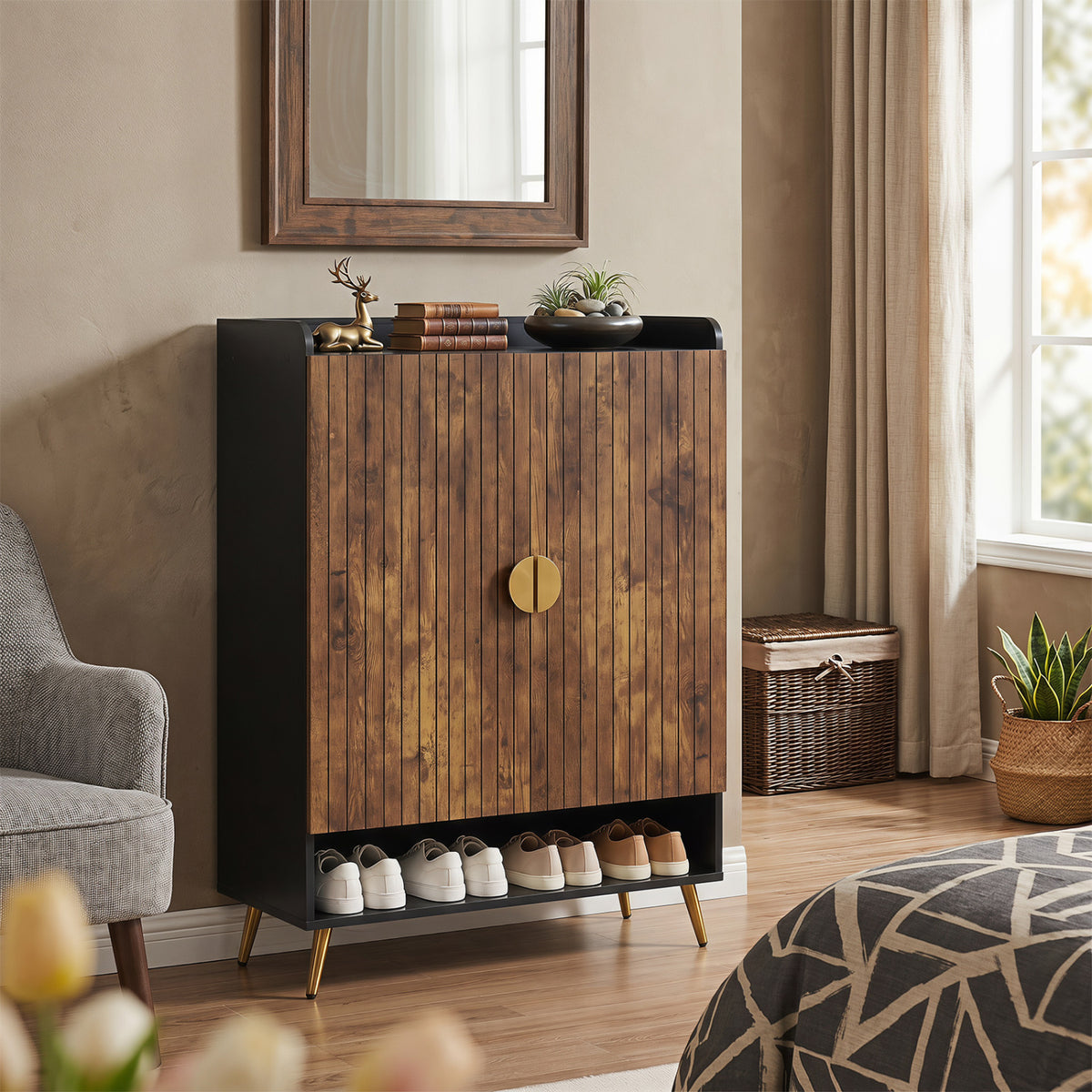 44" Tall Shoe Storage Cabinet with 7-Tier Doors and Adjustable Shelves for Entryway-Rustic Brown