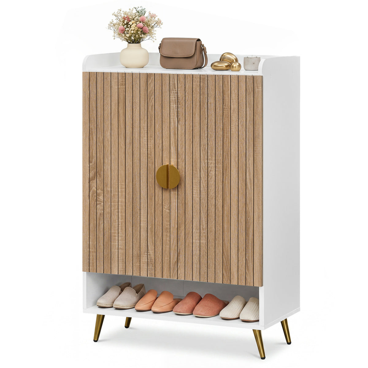 44" Tall Shoe Storage Cabinet with 7-Tier Doors and Adjustable Shelves for Entryway-Natural