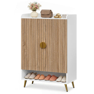 44" Tall Shoe Storage Cabinet with 7-Tier Doors and Adjustable Shelves for Entryway-Natural