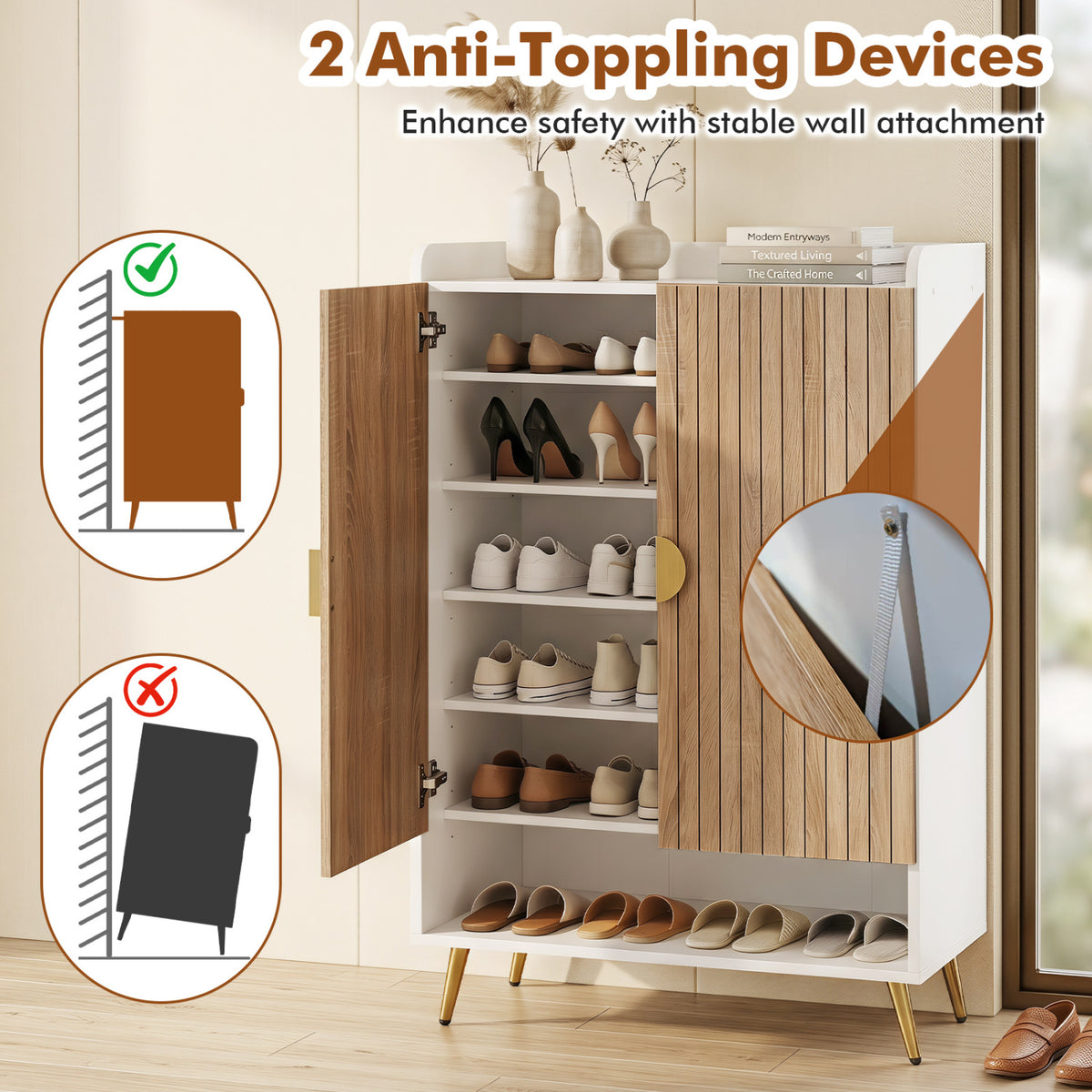 44" Tall Shoe Storage Cabinet with 7-Tier Doors and Adjustable Shelves for Entryway-Natural