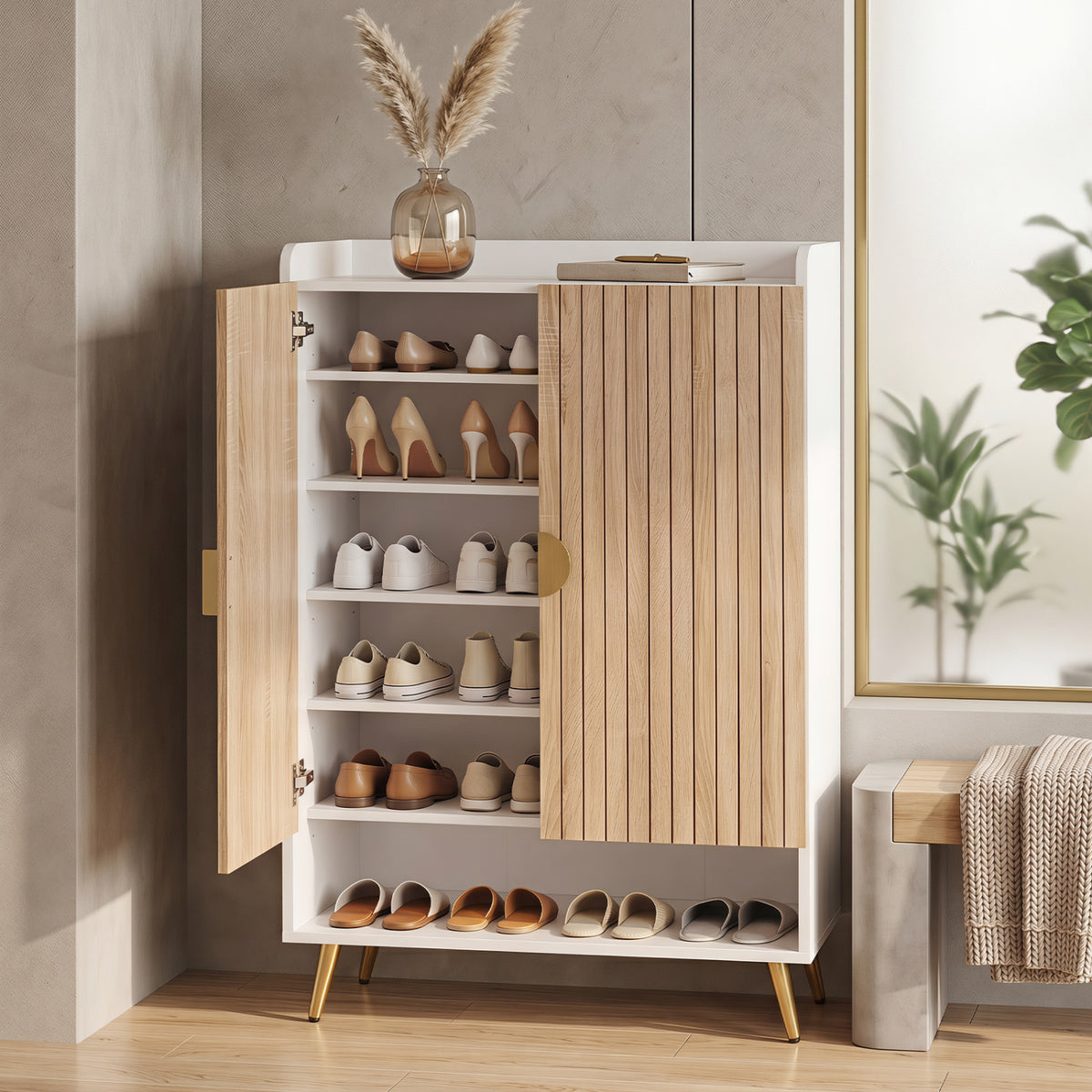 44" Tall Shoe Storage Cabinet with 7-Tier Doors and Adjustable Shelves for Entryway-Natural