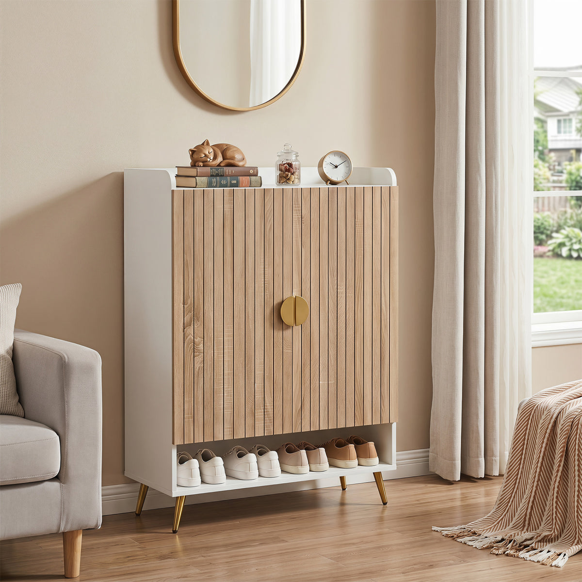 44" Tall Shoe Storage Cabinet with 7-Tier Doors and Adjustable Shelves for Entryway-Natural