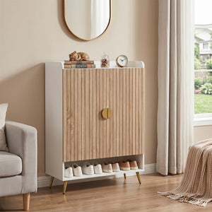 44" Tall Shoe Storage Cabinet with 7-Tier Doors and Adjustable Shelves for Entryway-Natural