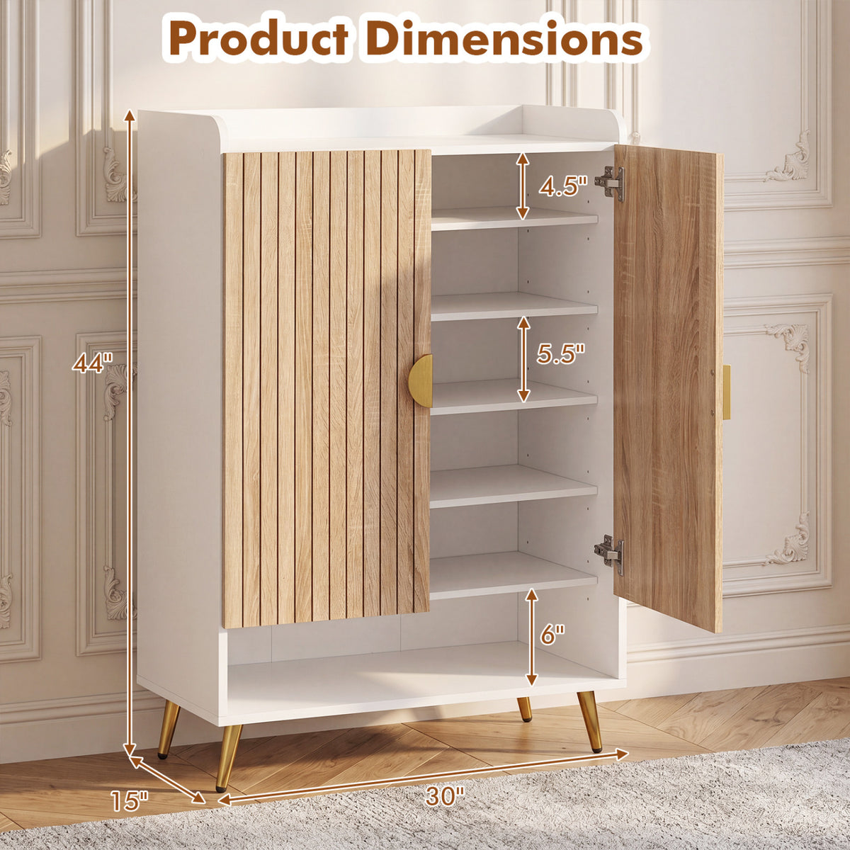 44" Tall Shoe Storage Cabinet with 7-Tier Doors and Adjustable Shelves for Entryway-Natural