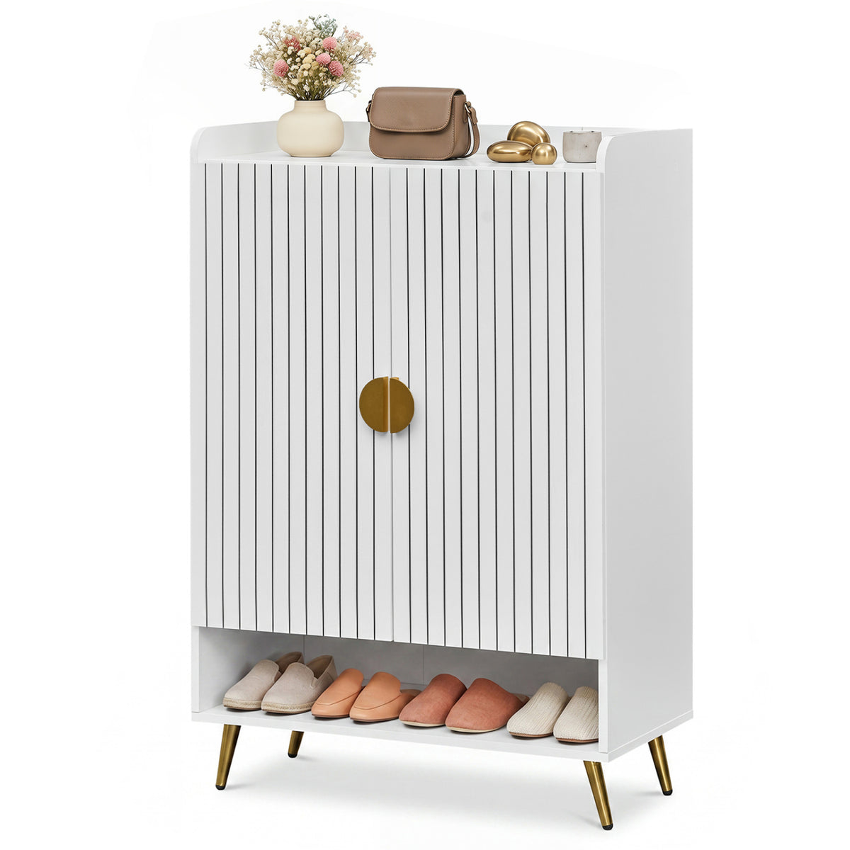 44" Tall Shoe Storage Cabinet with 7-Tier Doors and Adjustable Shelves for Entryway-White