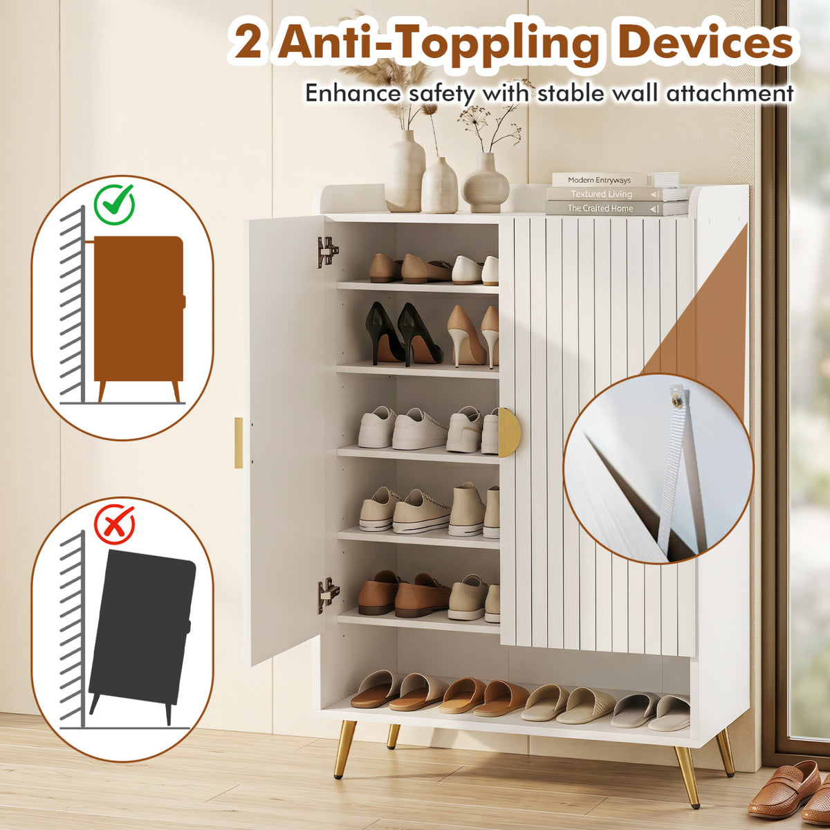 44" Tall Shoe Storage Cabinet with 7-Tier Doors and Adjustable Shelves for Entryway-White