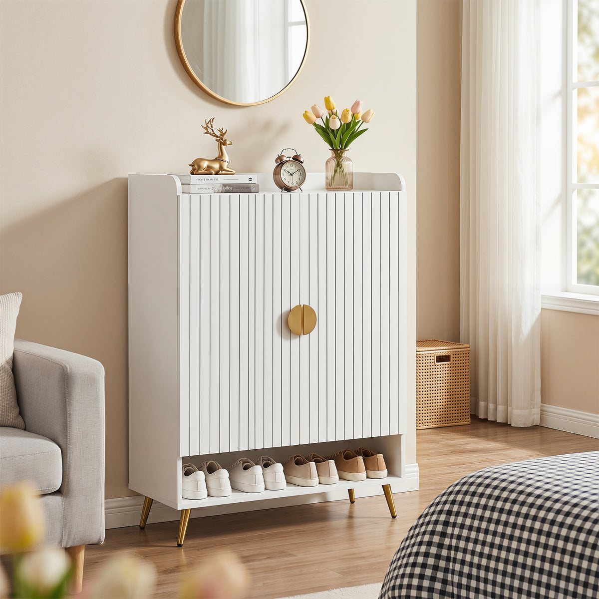 44" Tall Shoe Storage Cabinet with 7-Tier Doors and Adjustable Shelves for Entryway-White