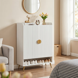 44" Tall Shoe Storage Cabinet with 7-Tier Doors and Adjustable Shelves for Entryway-White