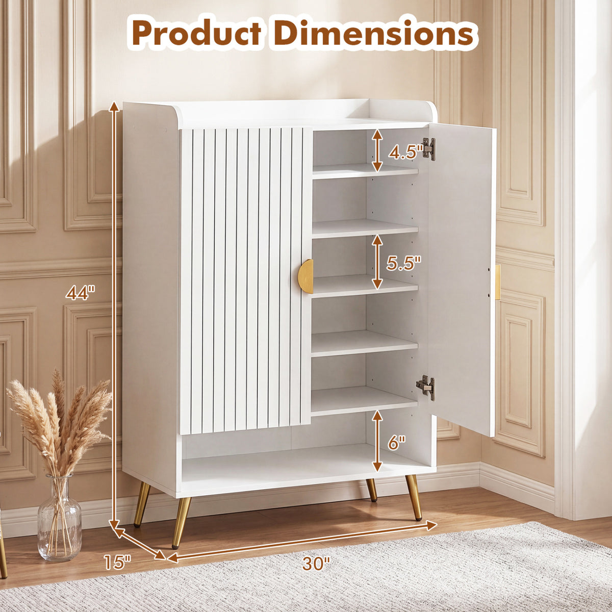 44" Tall Shoe Storage Cabinet with 7-Tier Doors and Adjustable Shelves for Entryway-White