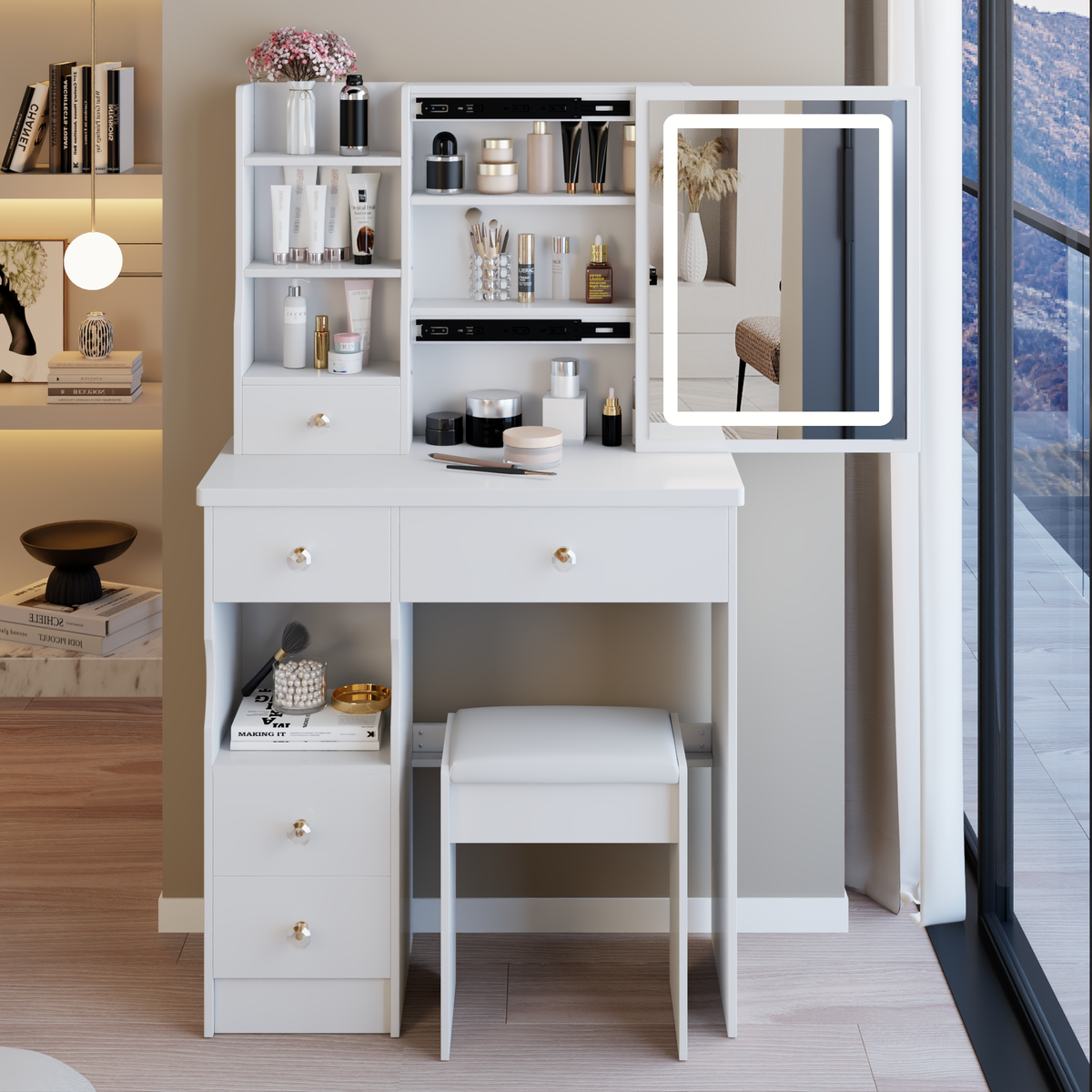 29.2' Small Size Left Drawer Desktop Vanity Table + Cushioned Stool, Large Sliding, Touch Control, Tri-color Switching, Brightness Adjust LED Mirror, High Capacity Storage, Suitable for Small Space