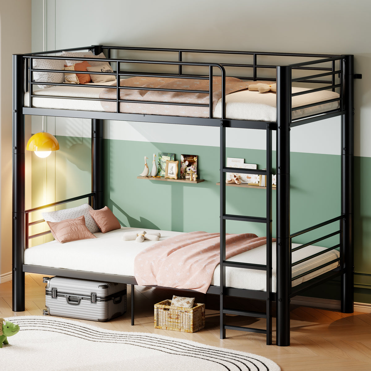 Metal Twin Over Twin Bunk Bed, Convertible into 2 Separate Twin Beds, 13.78' Full-Length Guardrails, Extra-Wide Ladder, Anti-Tip Brackets, Black Bunk Bed Frame for Kids, Teens & Adults