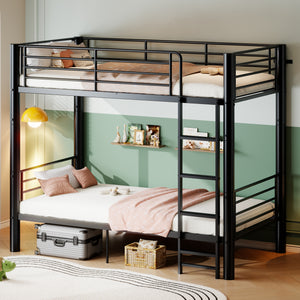 Metal Twin Over Twin Bunk Bed, Convertible into 2 Separate Twin Beds, 13.78' Full-Length Guardrails, Extra-Wide Ladder, Anti-Tip Brackets, Black Bunk Bed Frame for Kids, Teens & Adults