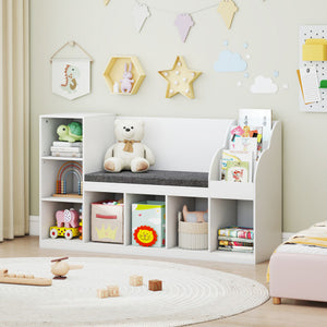 Kids Bookcase with Reading Nook 3-in-1 Standing Toy Organizer-White