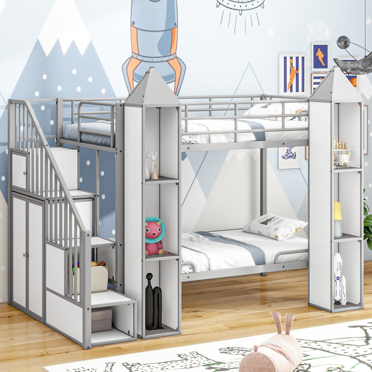 Metal Twin Over Twin Castle-Shaped Bunk Bed With Wardrobe And Multiple Storage - Gray / White by Couch.com