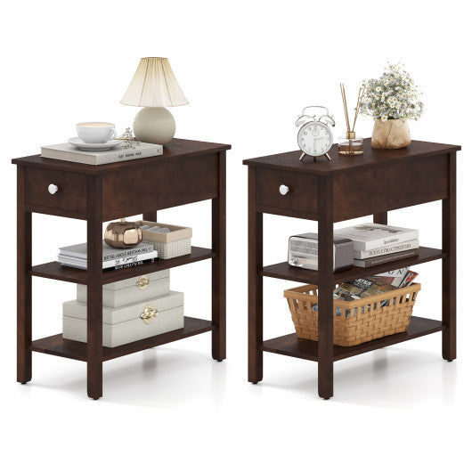 3-Tier Narrow End Table with Drawer and Storage Shelves Set of 2-Walnut