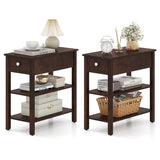 3-Tier Narrow End Table with Drawer and Storage Shelves Set of 2-Walnut