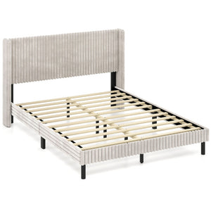 Queen Size Velvet Bed Frame with Vertical Channel Tufted Wingback Headboard-White
