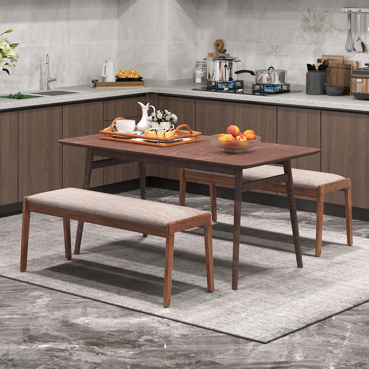 45 Inch Farmhouse Backless Bench with Rubber Wood Legs and Fabric Padded Seat-Beige
