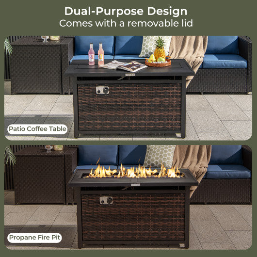 45 Inch Propane Rattan Firepit Table with Glass Stones and Protective Cover-Mixed Brown