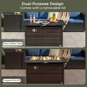 45 Inch Propane Rattan Firepit Table with Glass Stones and Protective Cover-Mixed Brown