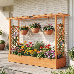 45 Inch Tall Wooden Raised Garden Bed with Side Trellis and Hanging Roof Drainage Holes-Orange
