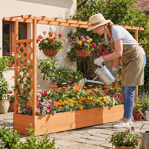 45 Inch Tall Wooden Raised Garden Bed with Side Trellis and Hanging Roof Drainage Holes-Orange