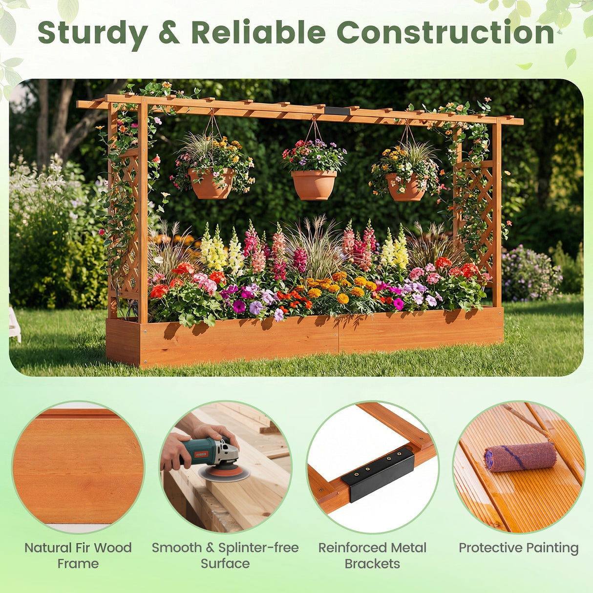 45 Inch Tall Wooden Raised Garden Bed with Side Trellis and Hanging Roof Drainage Holes-Orange